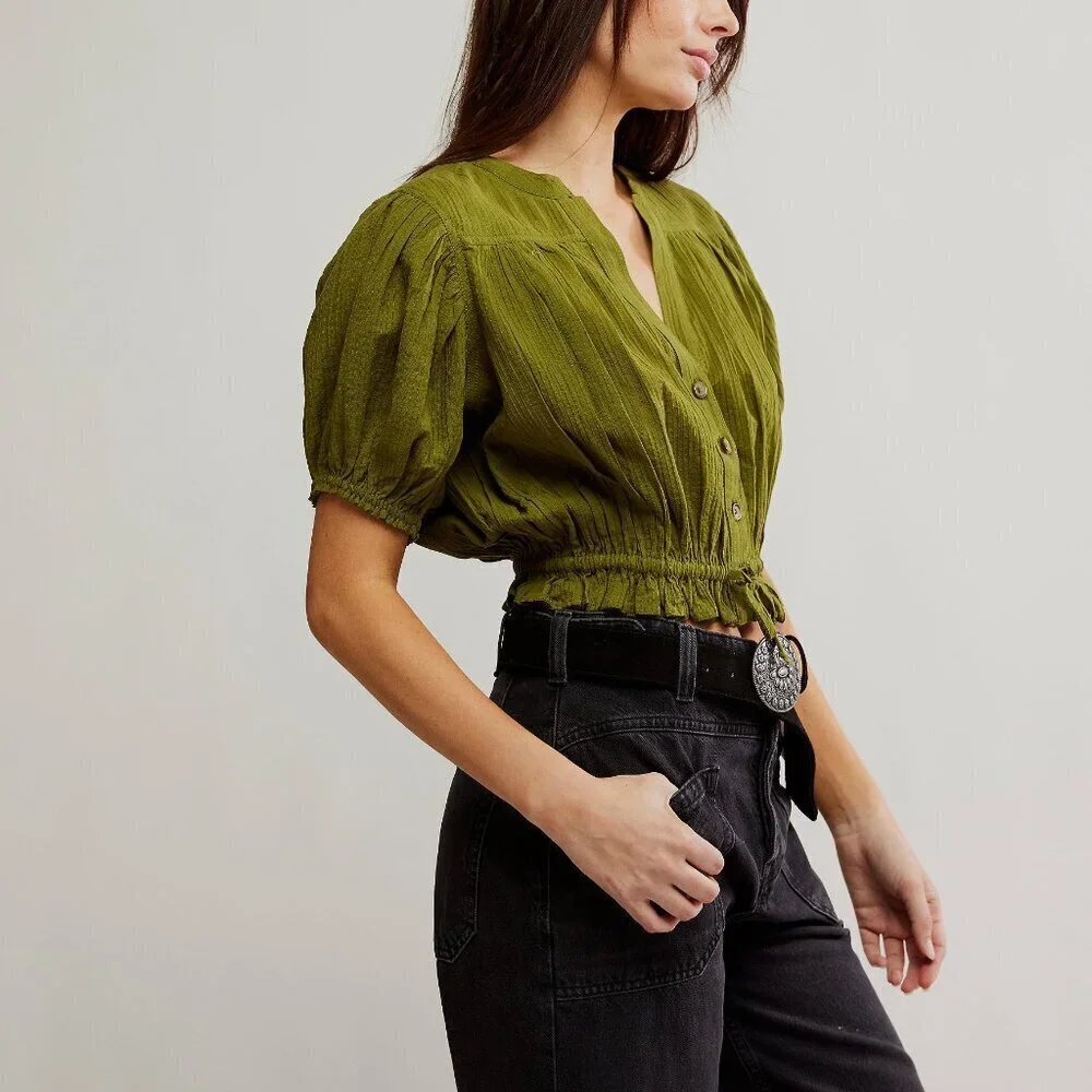 Free People Olive Green Cropped Blouse Top NEW